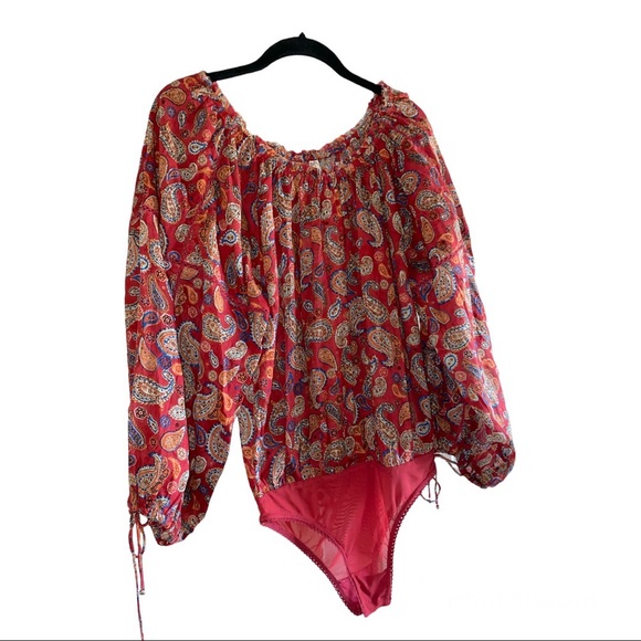 Free People Sundown Rust Red Paisley Print Off-the-Shoulder Bodysuit - Picture 7 of 10